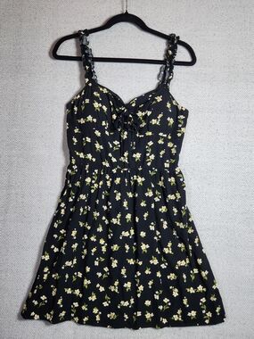AUW Black Floral Midi Sun Dress Size L with Yellow Flowers